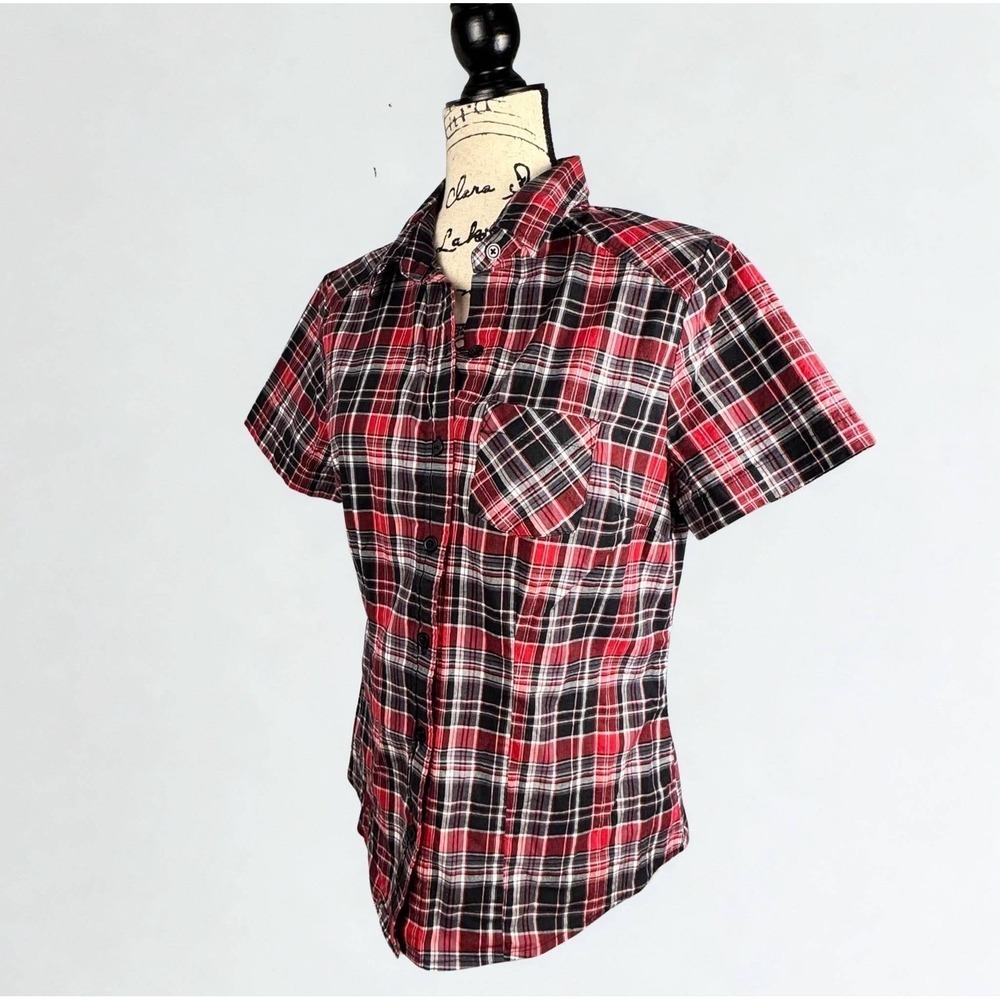 Sweet Love Womens 2X Red Black Plaid Short Sleeve Button Down Shirt Pocket